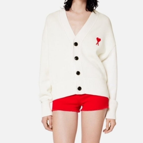 Ami Paris Ami De Coeur Intarsia-Logo Cardigan Sweater L - Picture 1 of 9